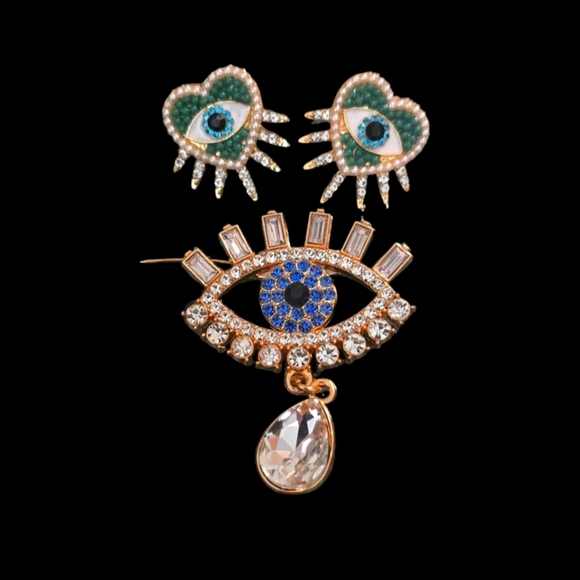 Contemporary Blue and Gold Evil Eye Brooch Set - Picture 1 of 4